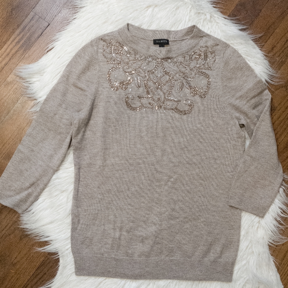 Talbots Lambswool Blend Beaded Tan Sweater